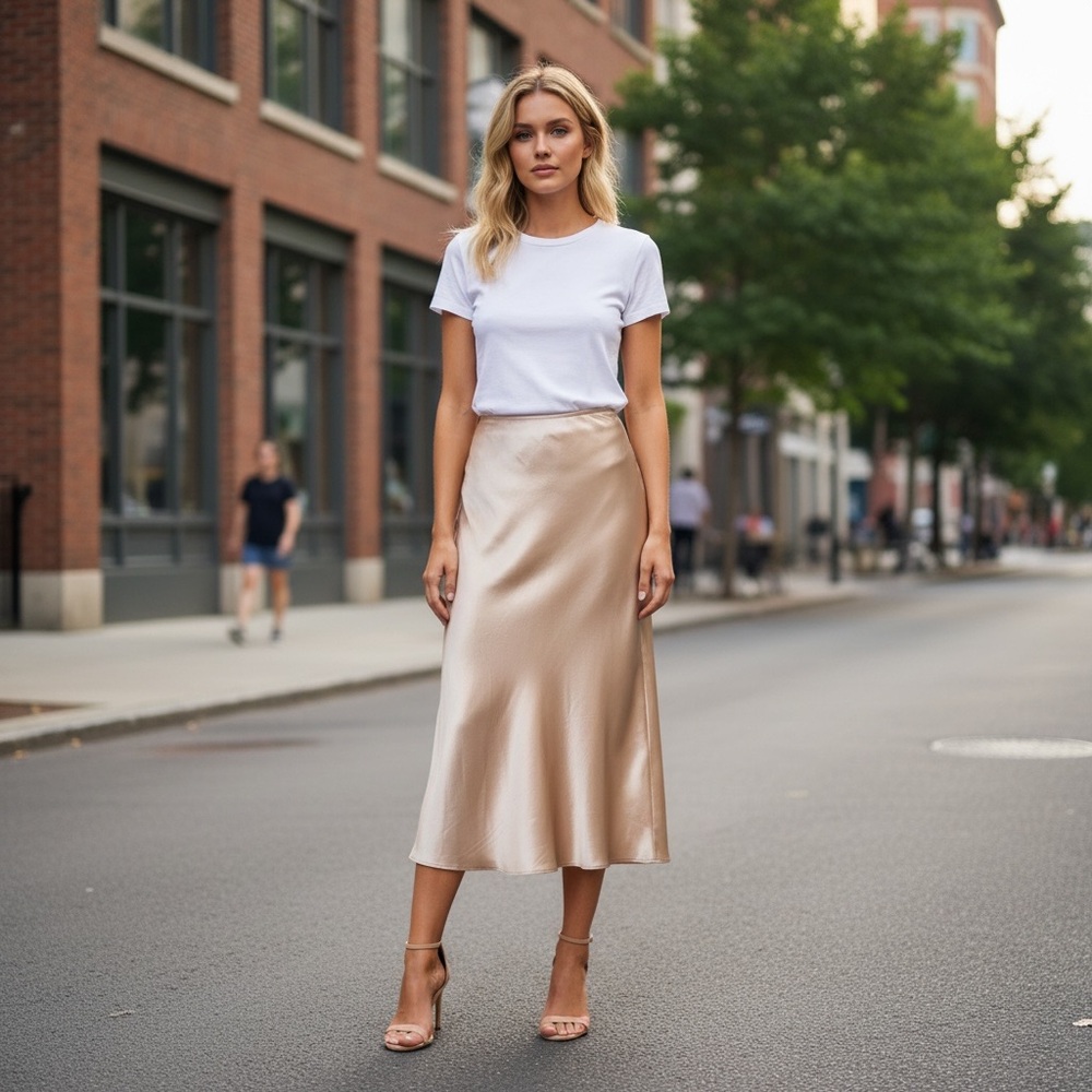 NWT‎ River Island Women’s Gold Satin Midi Skirt Bias Cut British